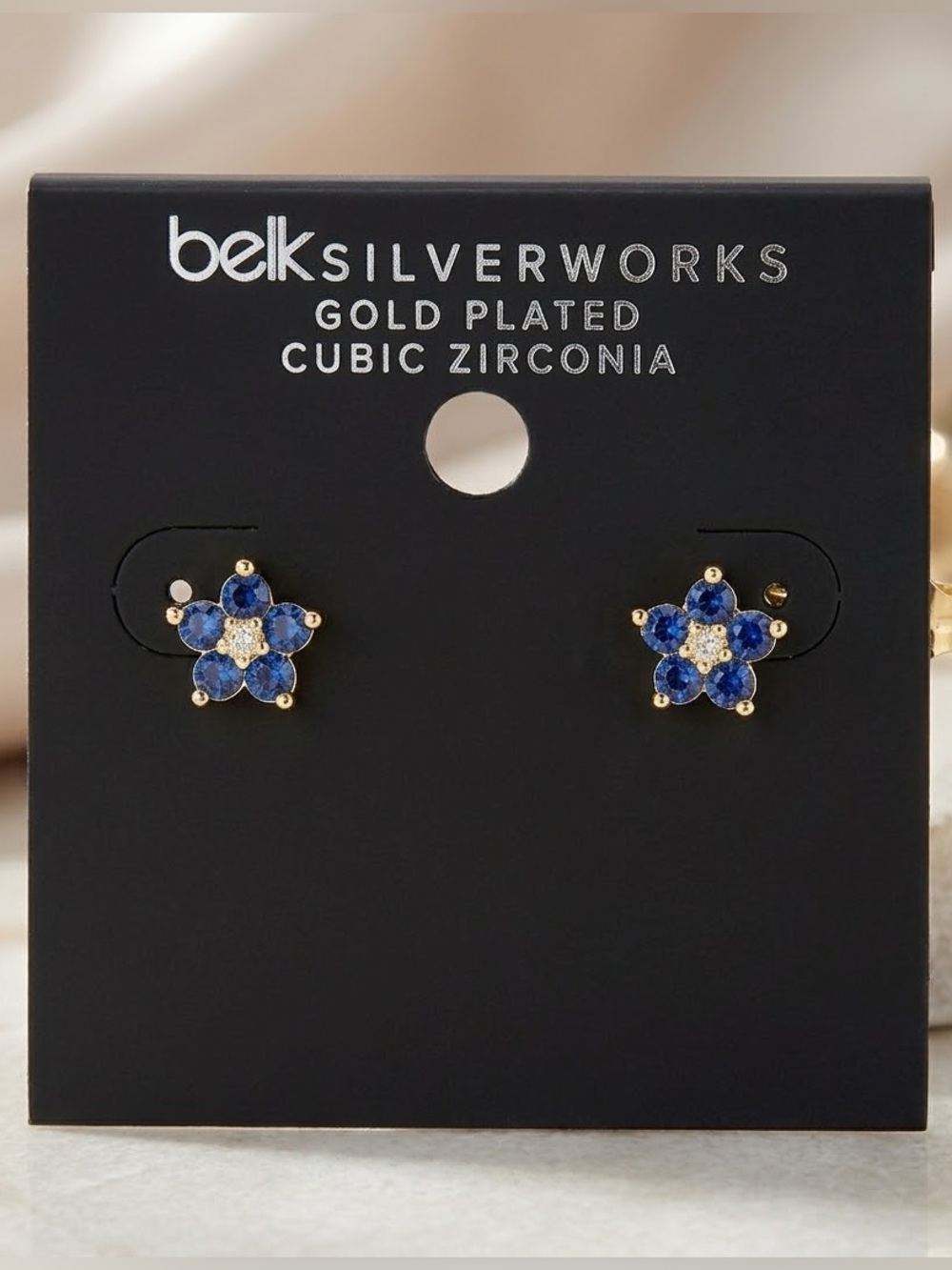 Belk Silverworks NWT Gold Plated Blue CZ Flower Stud Earrings Floral Sparkle